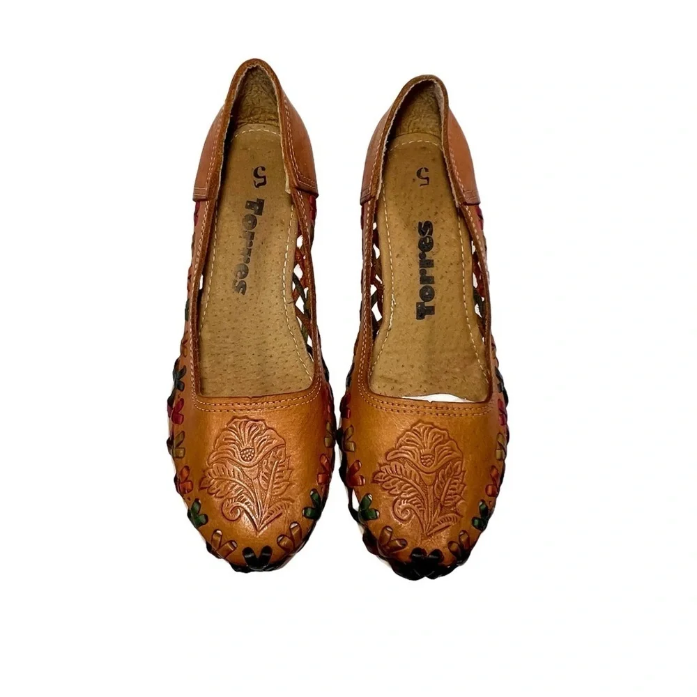 Torres Tooled Tan Leather Huarache Laced Wedge Womens size 5